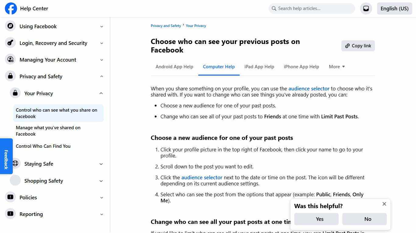 Choose who can see your previous posts on Facebook Facebook Help Center